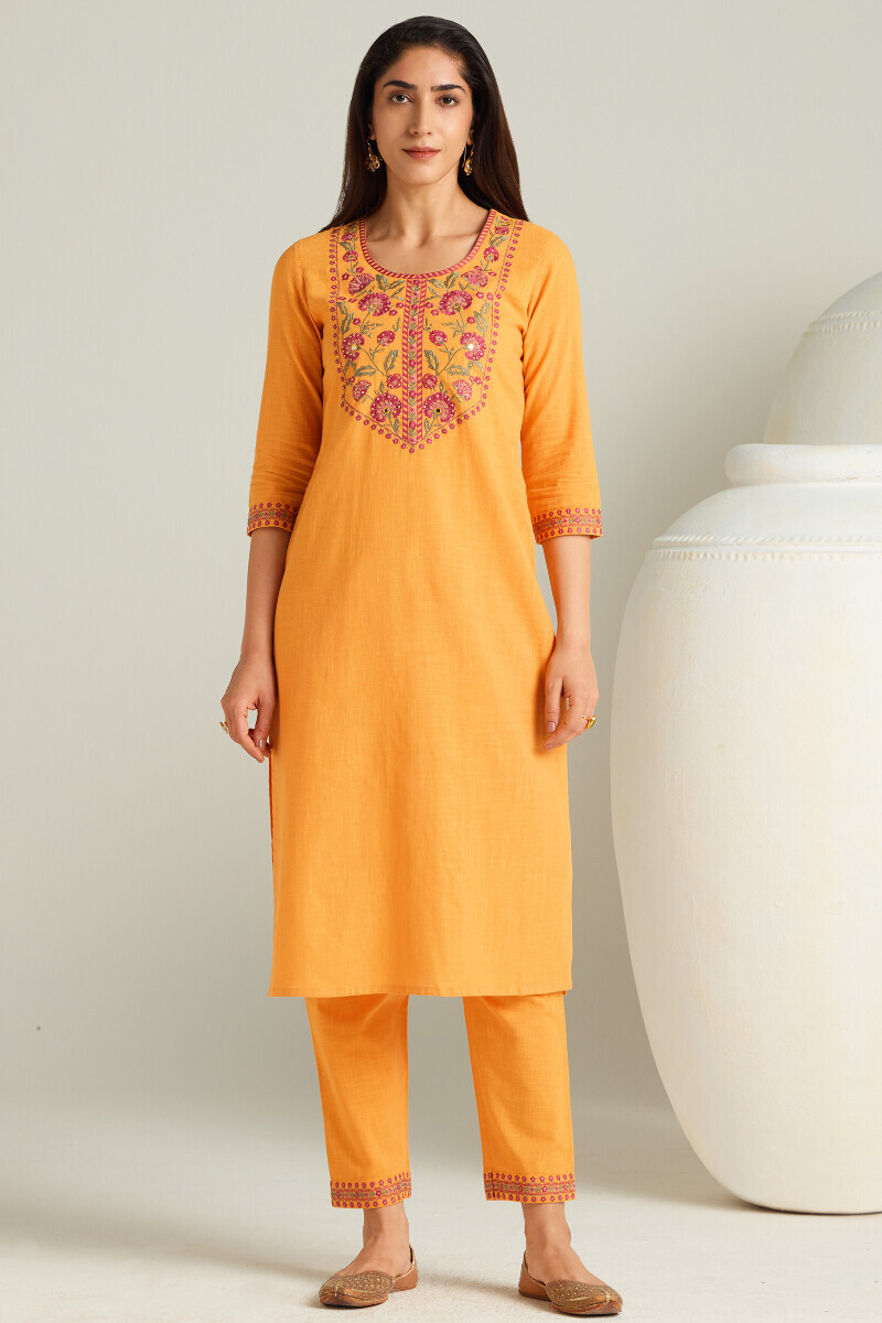 Mustard Handcrafted Straight Gauze Slub Kurta
