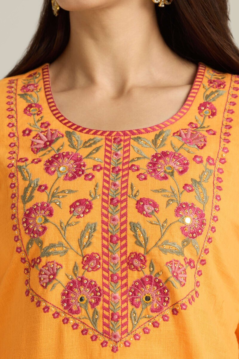 Mustard Handcrafted Straight Gauze Slub Kurta