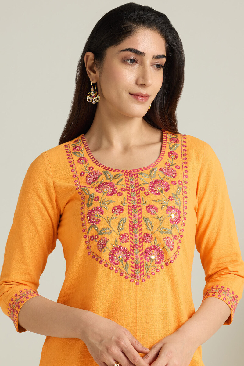 Mustard Handcrafted Straight Gauze Slub Kurta