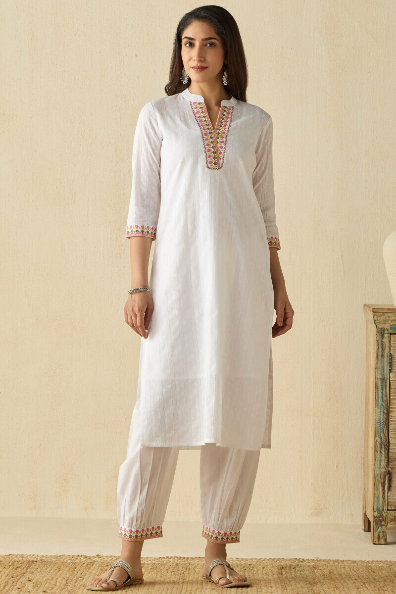 White Handcrafted Straight Cotton Dobby Kurta