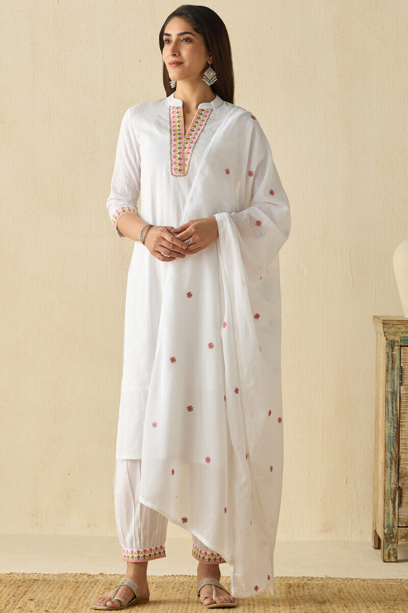 White Handcrafted Straight Cotton Dobby Kurta