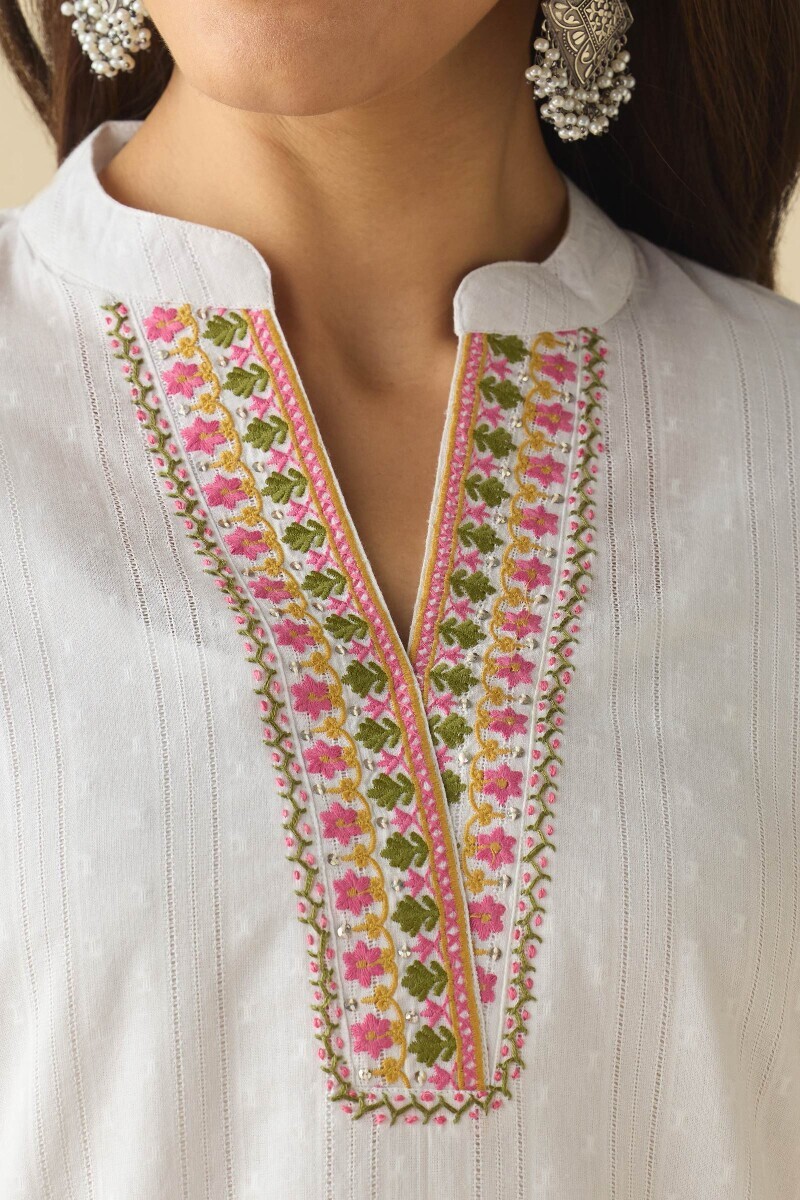 White Handcrafted Straight Cotton Dobby Kurta