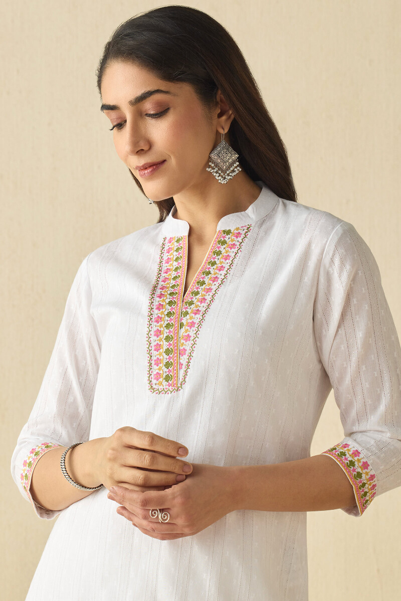 White Handcrafted Straight Cotton Dobby Kurta