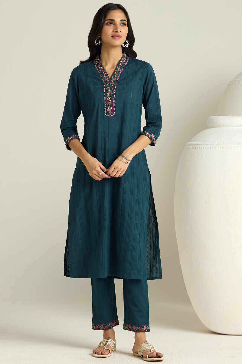 Navy Blue Handcrafted Straight Cotton Dobby Kurta
