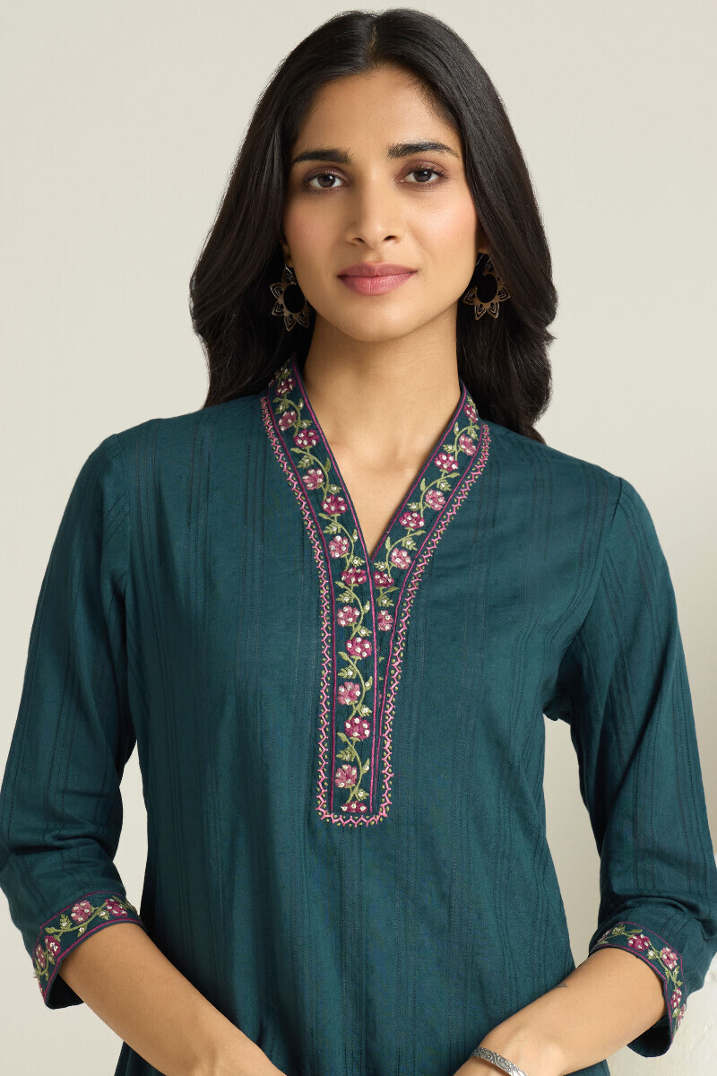 Navy Blue Handcrafted Straight Cotton Dobby Kurta