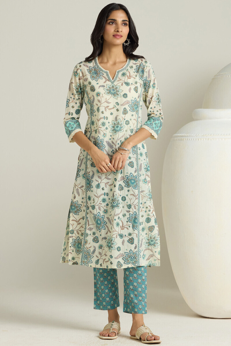 Cream Hand Printed Straight Cotton Dobby Kurta