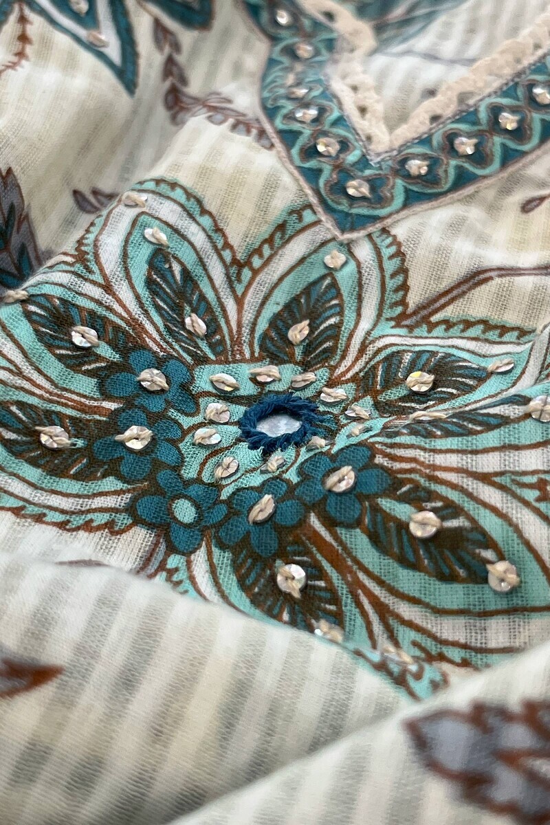 Cream Hand Printed Straight Cotton Dobby Kurta