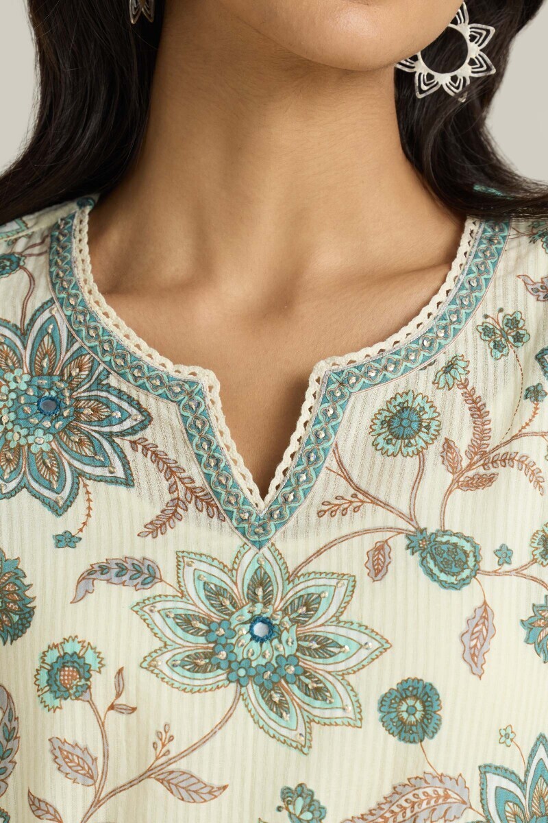 Cream Hand Printed Straight Cotton Dobby Kurta