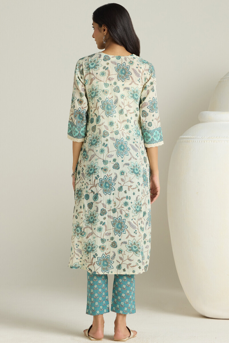 Cream Hand Printed Straight Cotton Dobby Kurta
