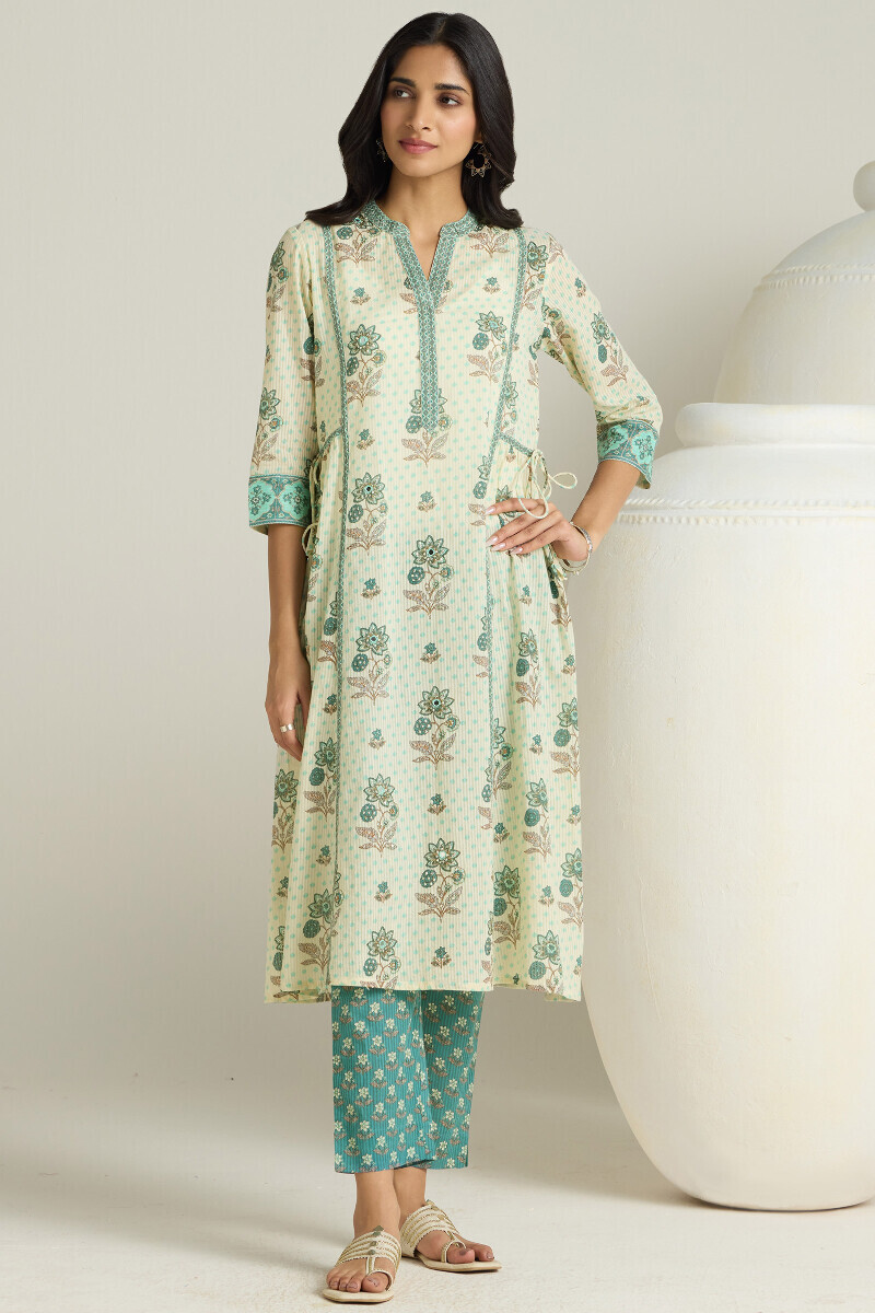 Cream Hand Printed A-Line Cotton Dobby Kurta