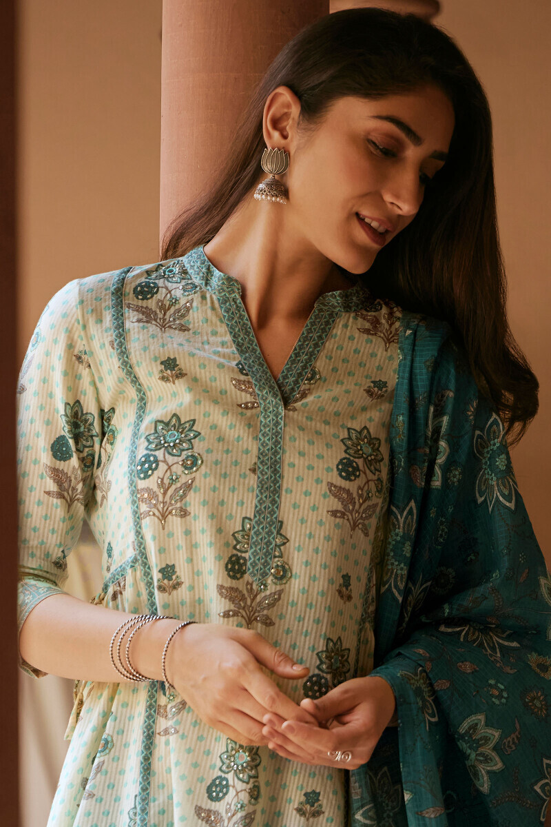 Cream Hand Printed A-Line Cotton Dobby Kurta