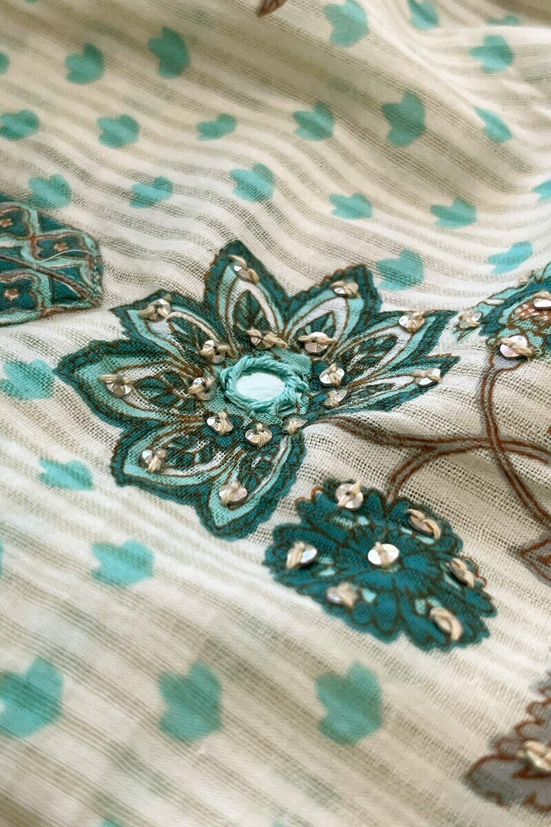 Cream Hand Printed A-Line Cotton Dobby Kurta