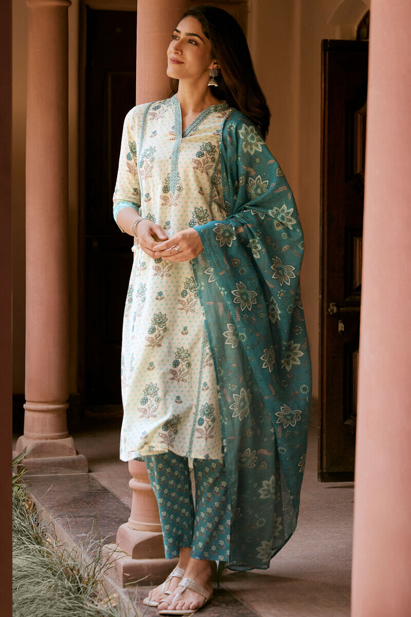 Cream Hand Printed A-Line Cotton Dobby Kurta