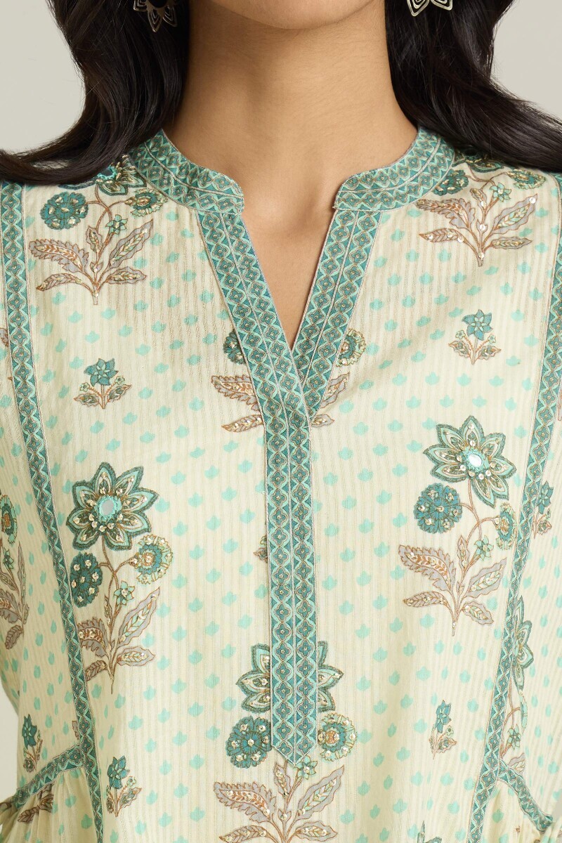 Cream Hand Printed A-Line Cotton Dobby Kurta