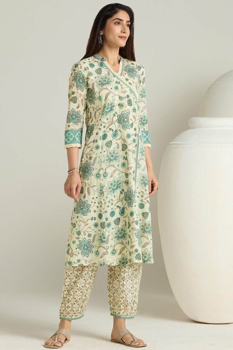 Cream Hand Printed Angrakha Cotton Dobby Kurta