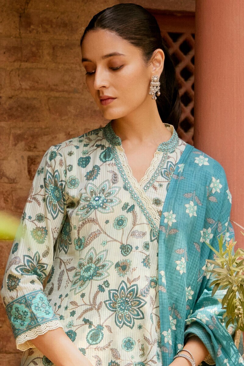 Cream Hand Printed Angrakha Cotton Dobby Kurta