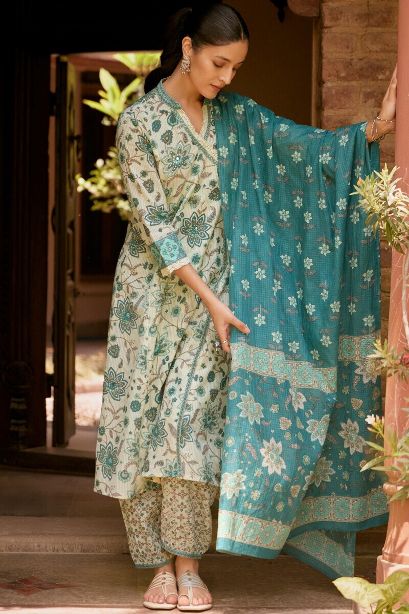 Cream Hand Printed Angrakha Cotton Dobby Kurta