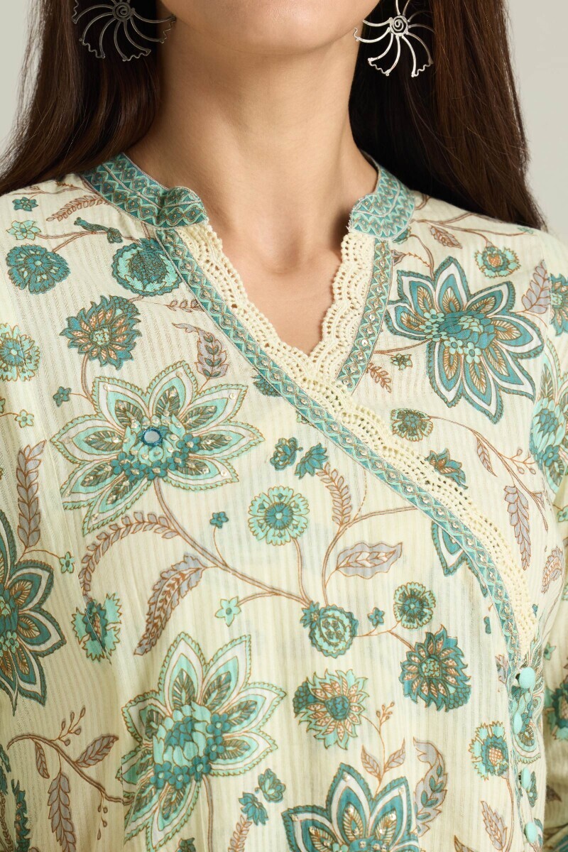 Cream Hand Printed Angrakha Cotton Dobby Kurta