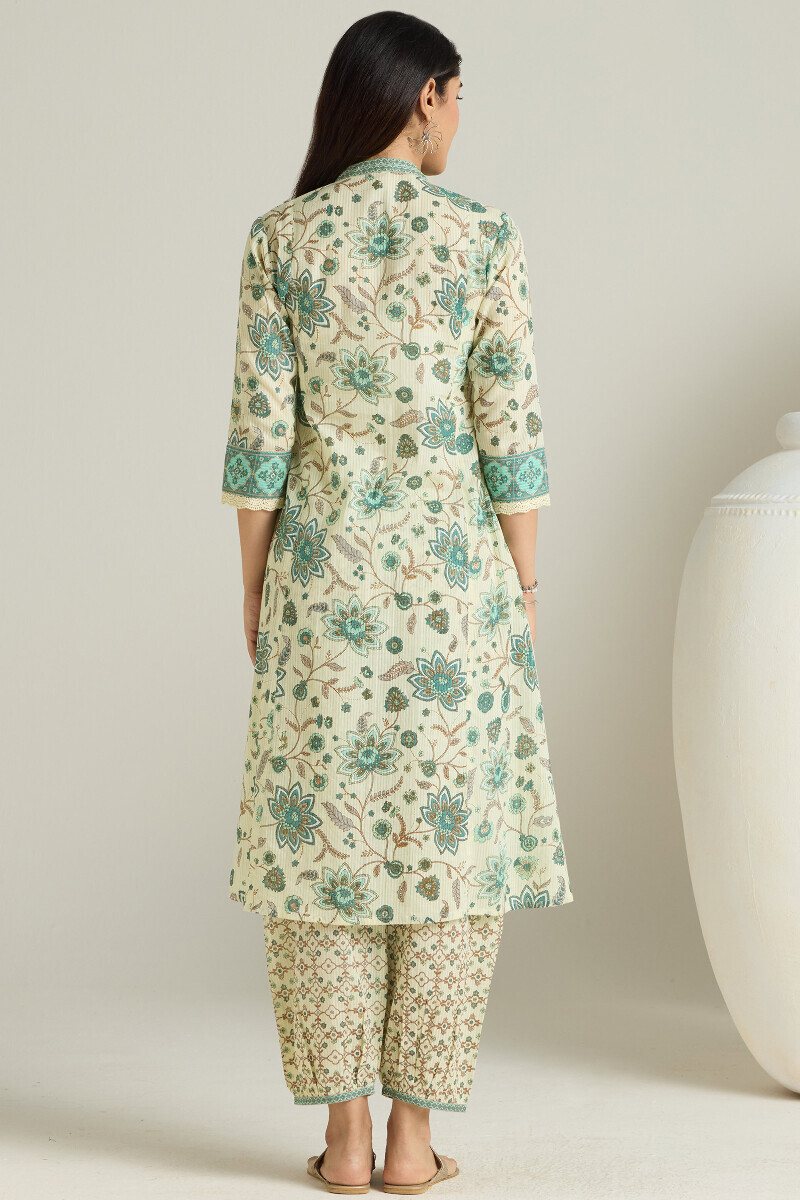 Cream Hand Printed Angrakha Cotton Dobby Kurta