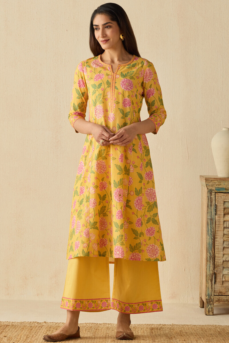 Yellow Printed A-Line Cotton Kurta