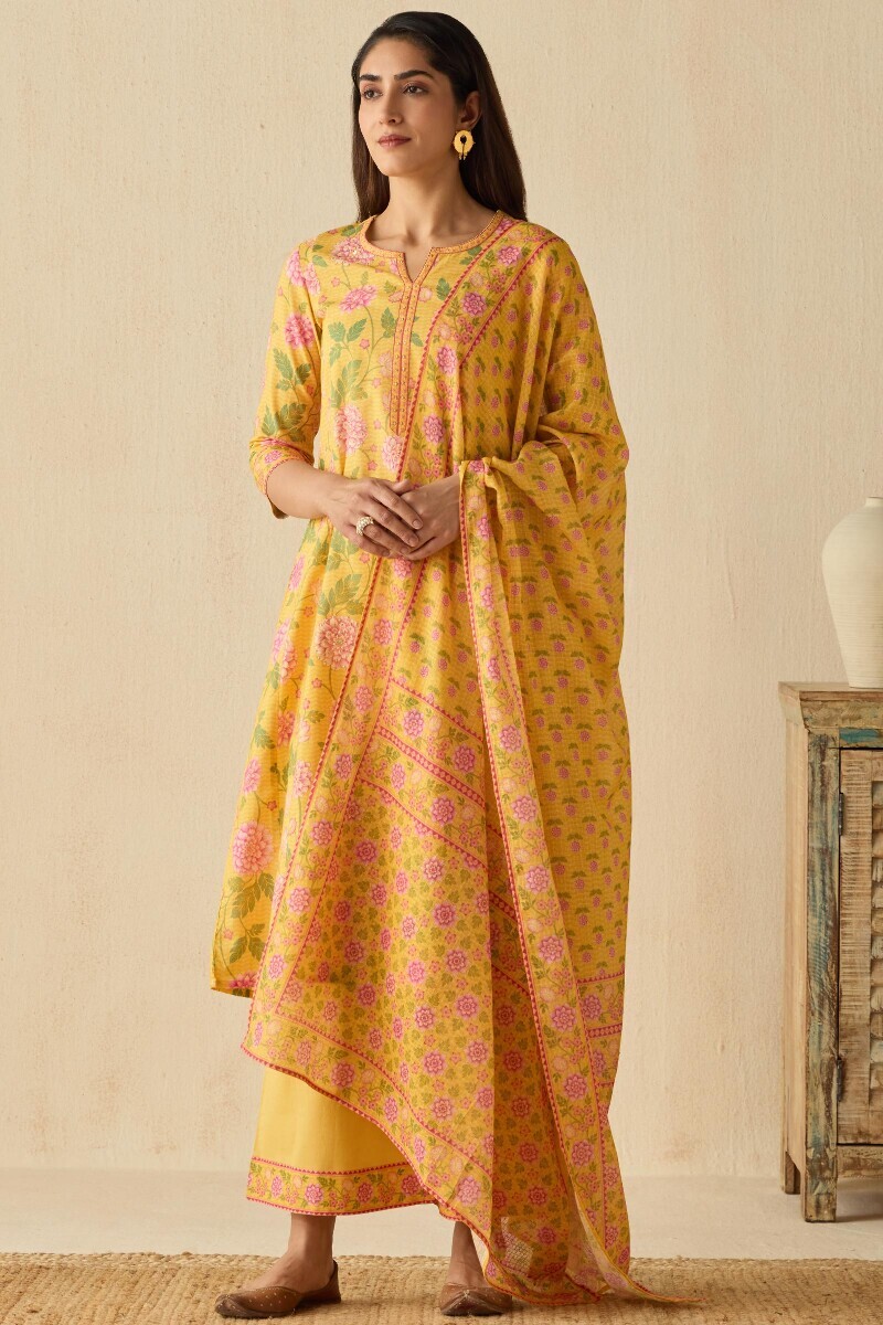 Yellow Printed A-Line Cotton Kurta