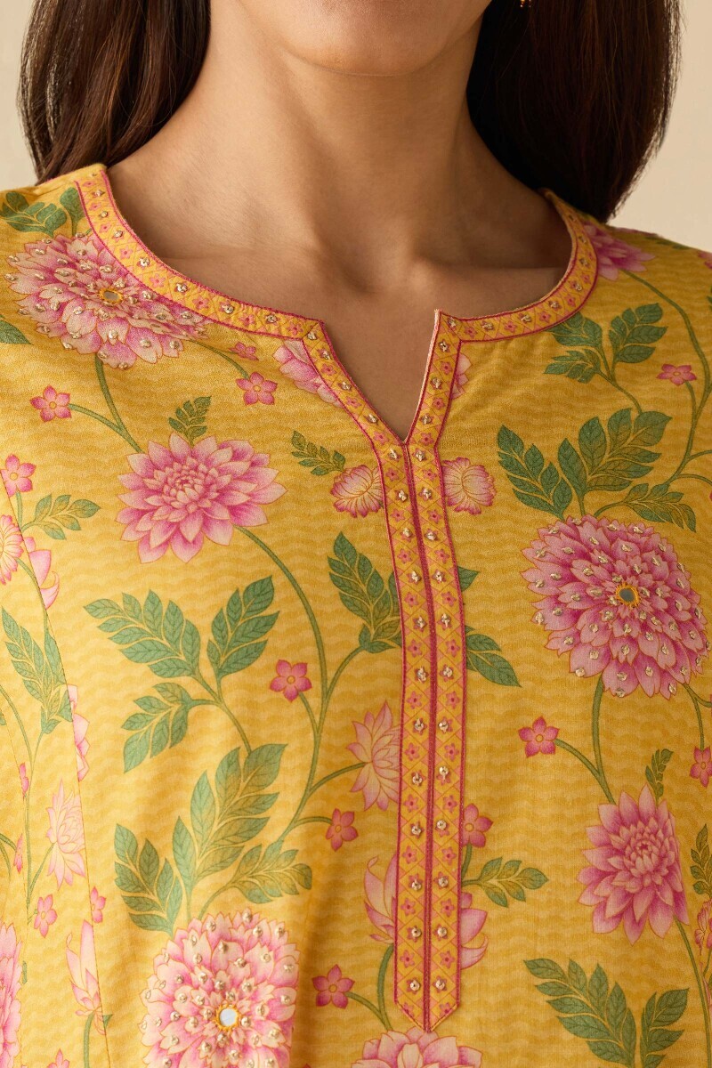 Yellow Printed A-Line Cotton Kurta