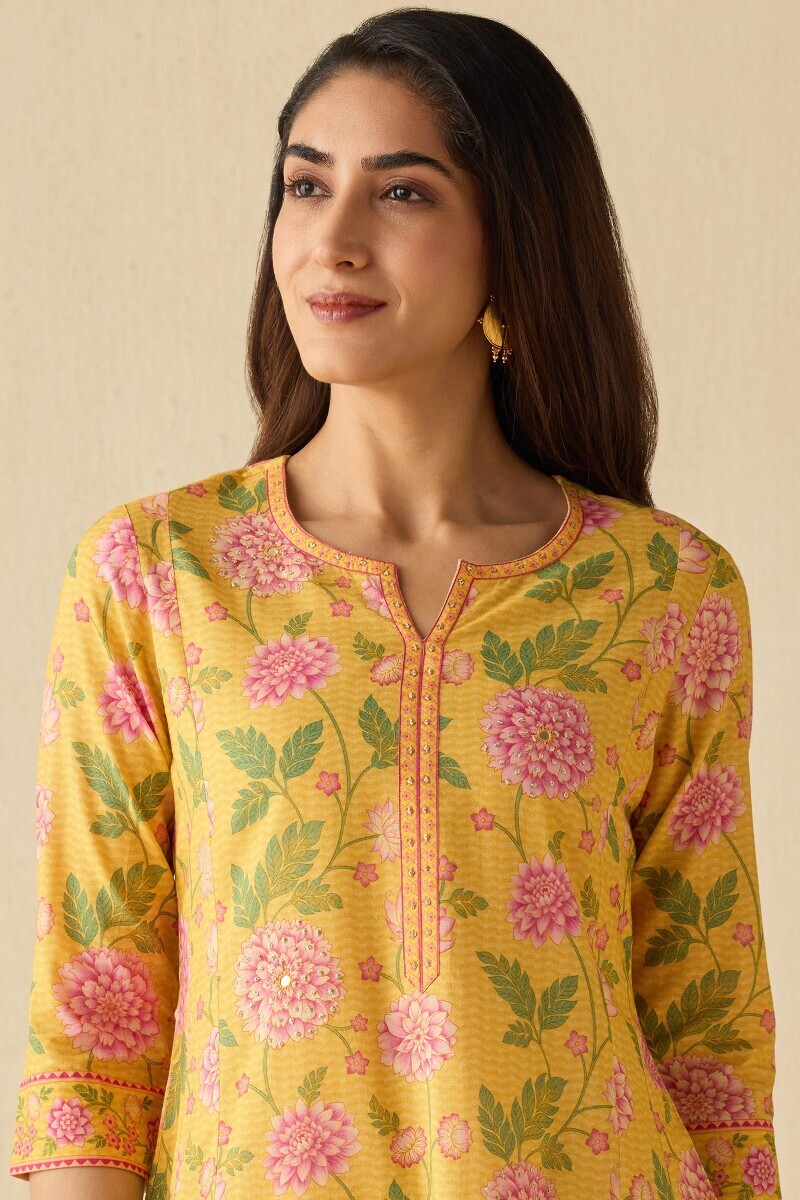 Yellow Printed A-Line Cotton Kurta