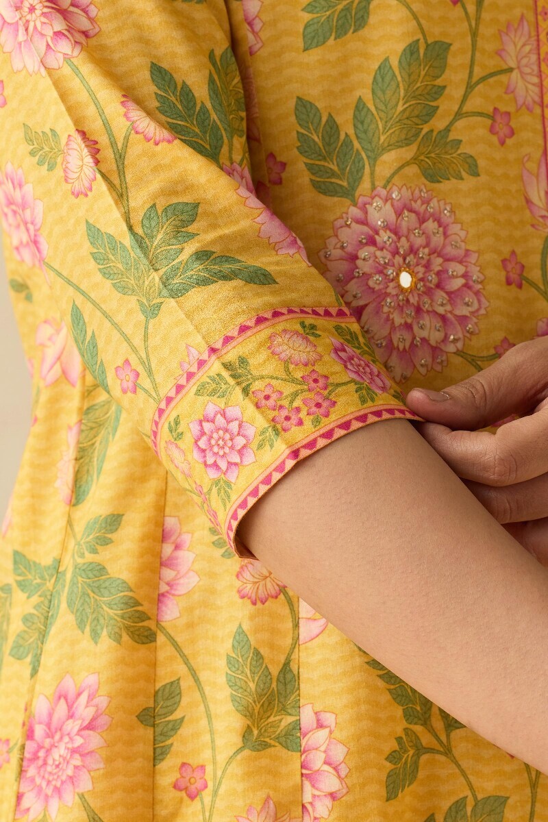 Yellow Printed A-Line Cotton Kurta