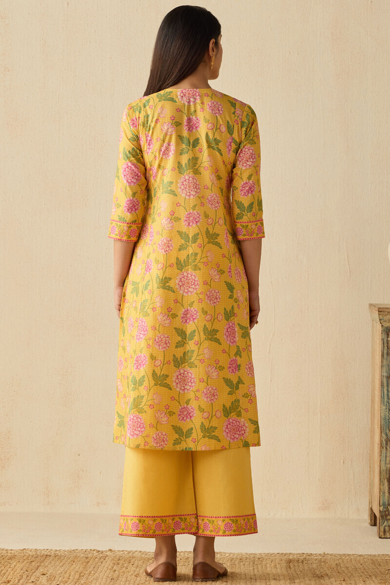 Yellow Printed A-Line Cotton Kurta