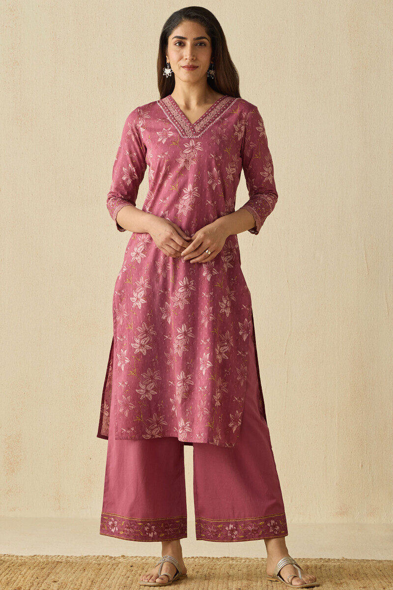 Mauve Hand Printed Straight Cotton Dobby Kurta