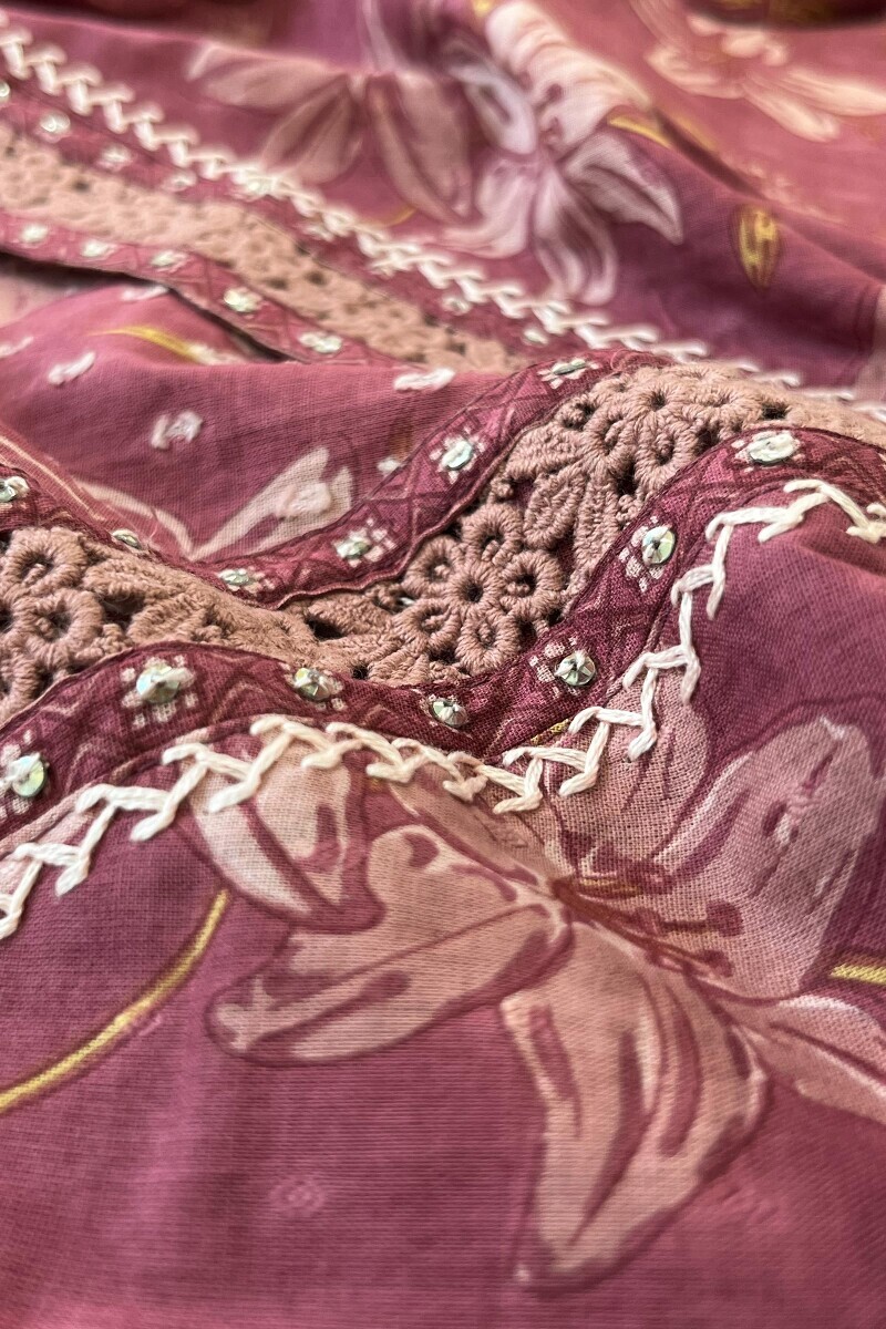 Mauve Hand Printed Straight Cotton Dobby Kurta