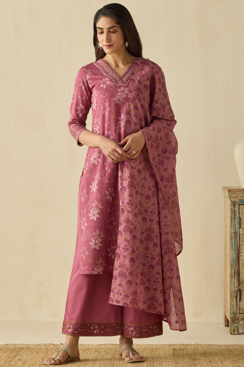 Mauve Hand Printed Straight Cotton Dobby Kurta