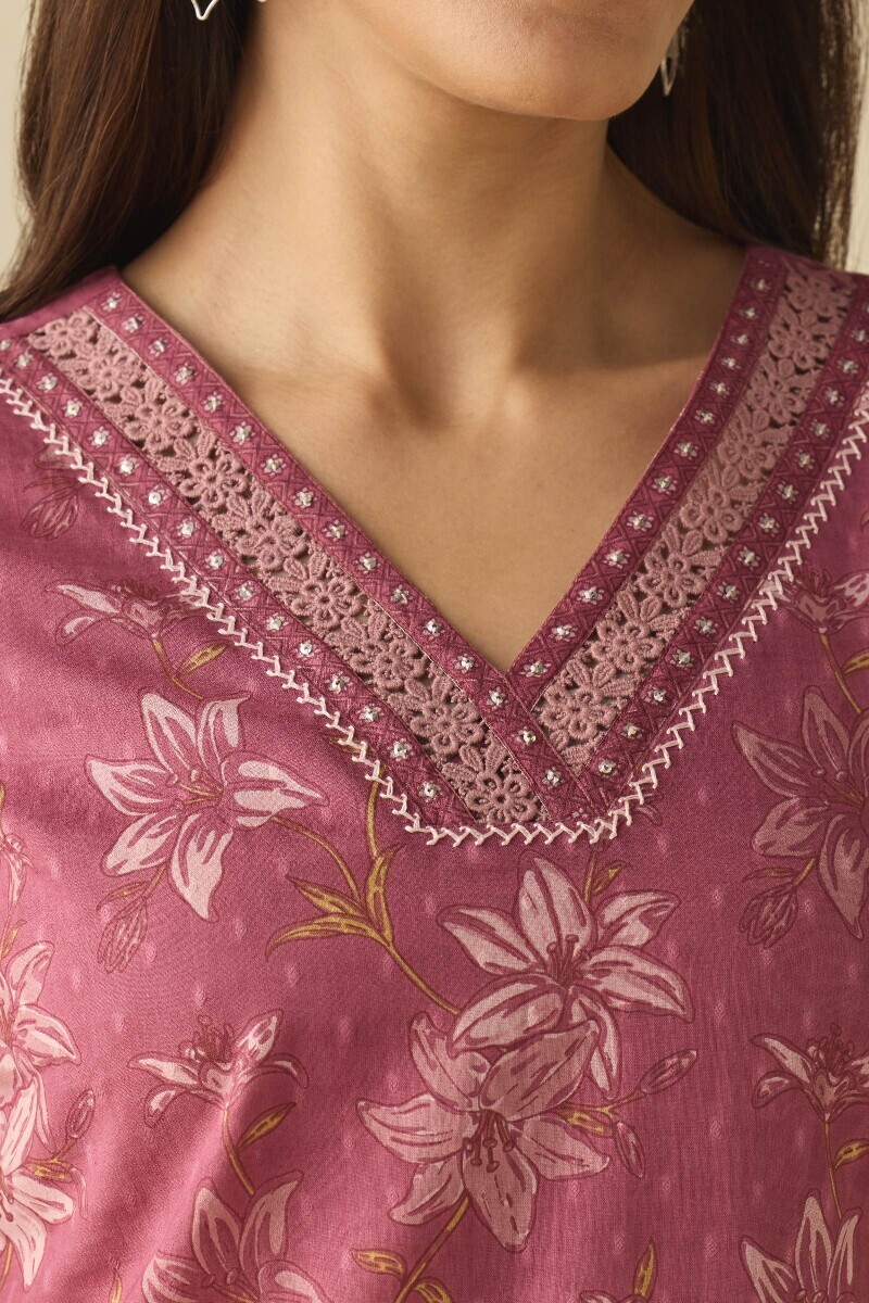 Mauve Hand Printed Straight Cotton Dobby Kurta