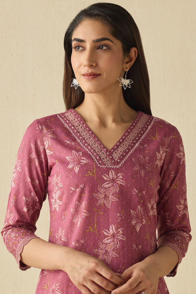 Mauve Hand Printed Straight Cotton Dobby Kurta