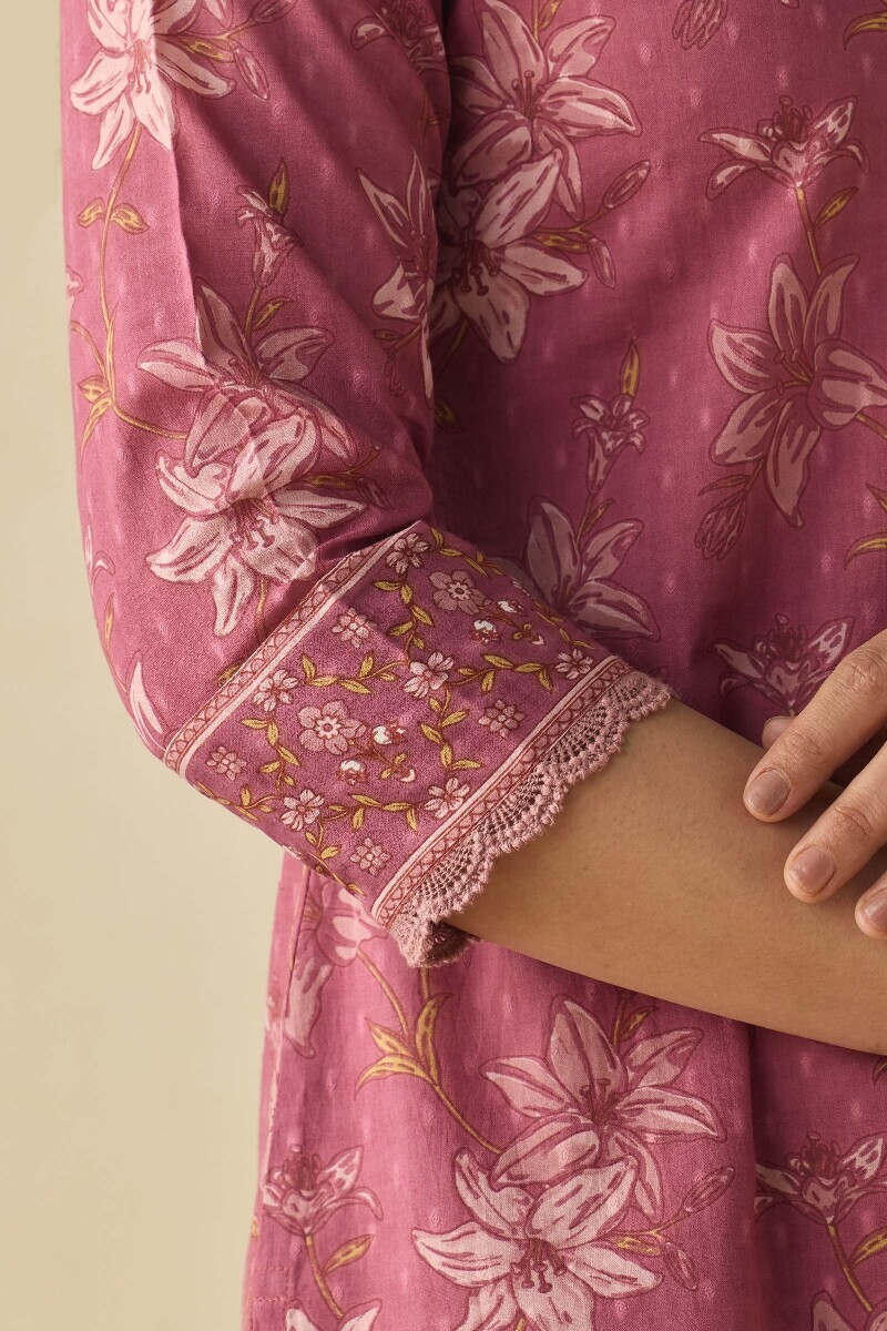 Mauve Hand Printed Straight Cotton Dobby Kurta