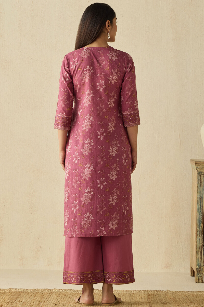 Mauve Hand Printed Straight Cotton Dobby Kurta