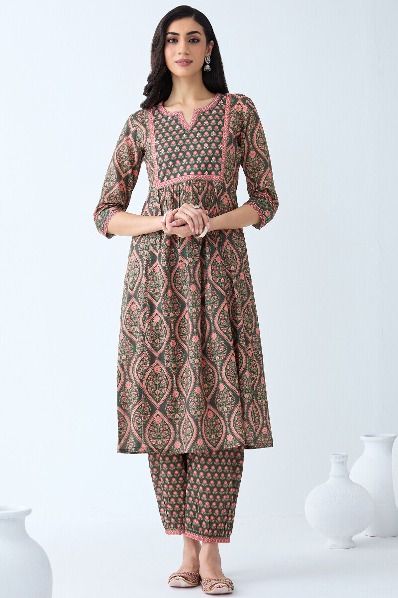 Green Printed A-Line Cotton Kurta