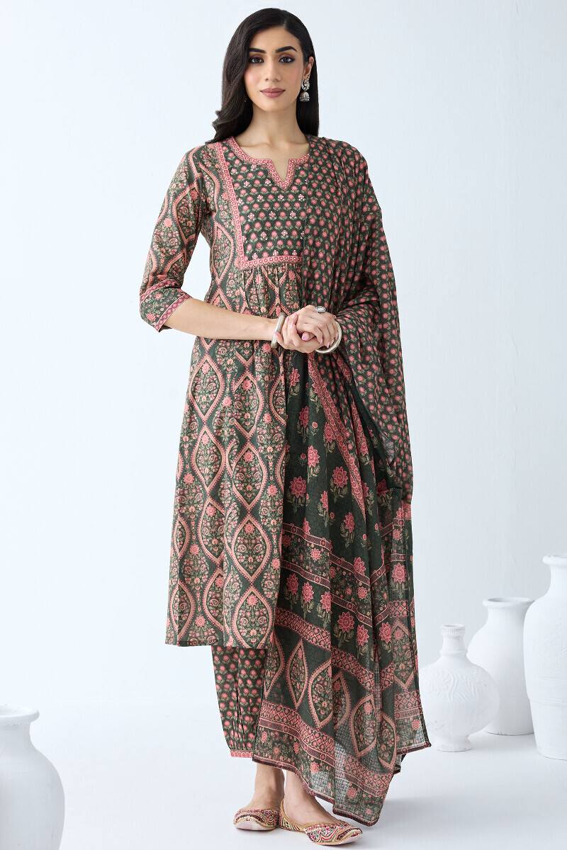 Green Printed A-Line Cotton Kurta