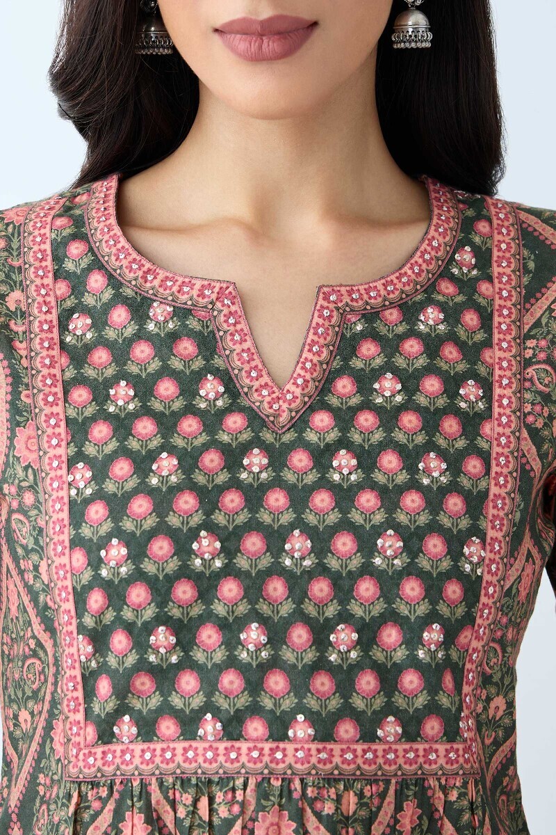 Green Printed A-Line Cotton Kurta