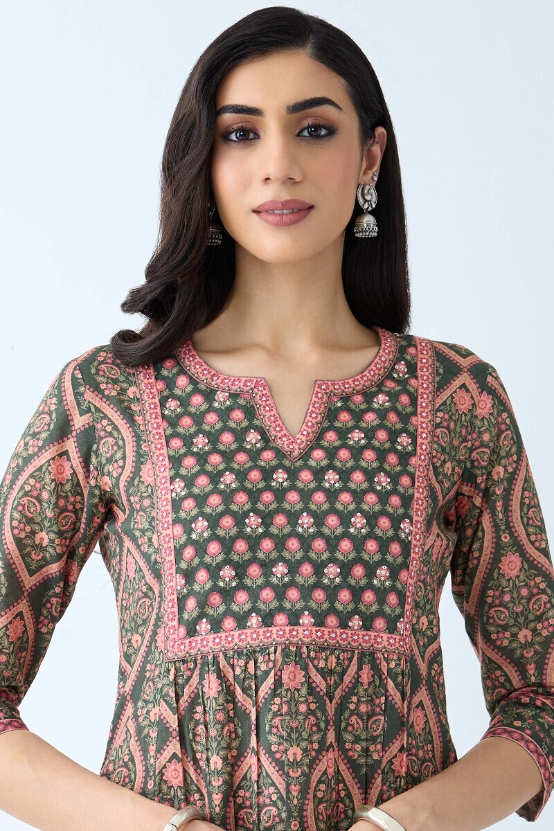 Green Printed A-Line Cotton Kurta