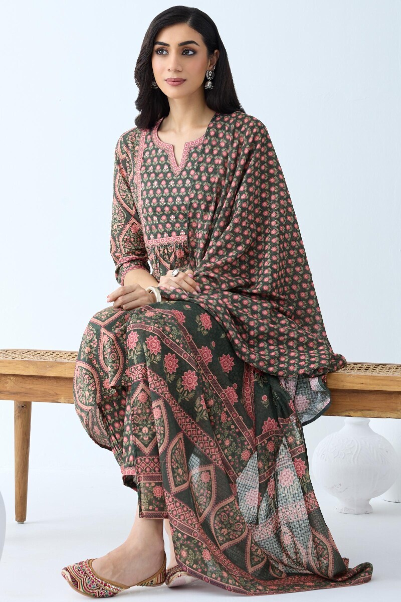 Green Printed A-Line Cotton Kurta