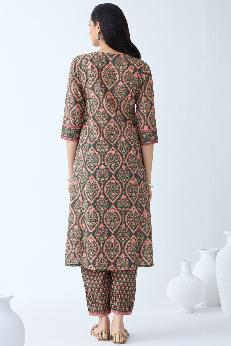 Green Printed A-Line Cotton Kurta