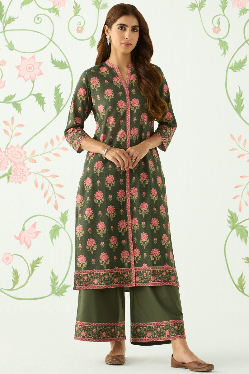 Green Printed Straight Cotton Kurta