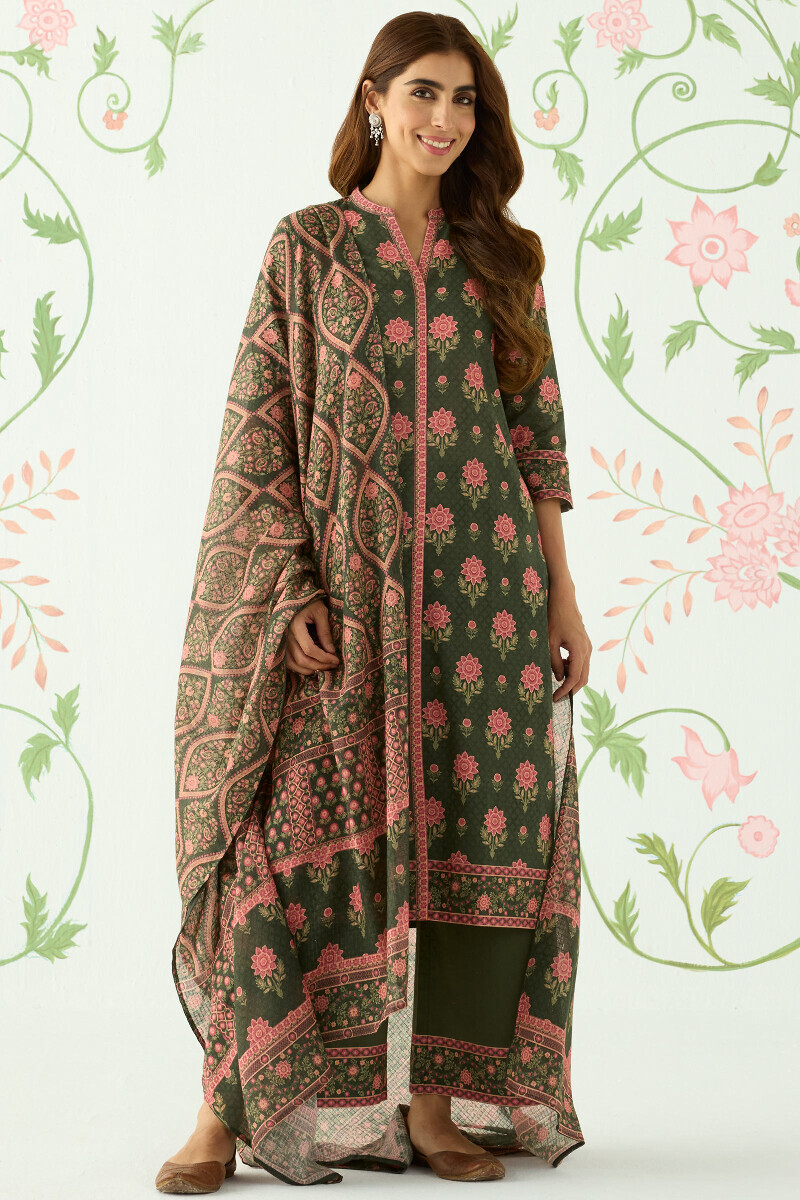 Green Printed Straight Cotton Kurta