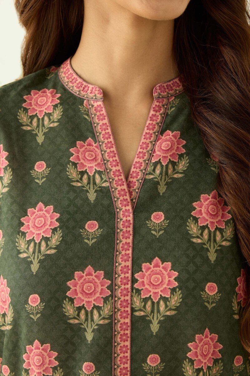 Green Printed Straight Cotton Kurta
