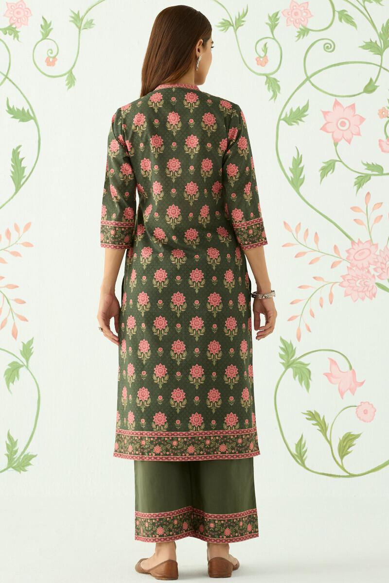 Green Printed Straight Cotton Kurta