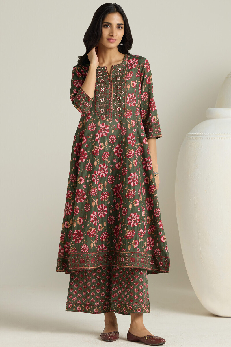 Green Hand Printed Anarkali Cotton Dobby Kurta