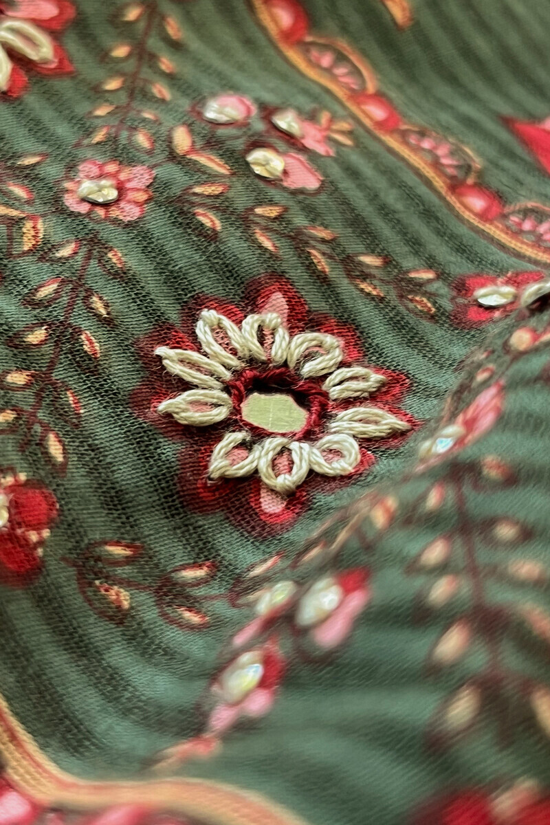 Green Hand Printed Anarkali Cotton Dobby Kurta