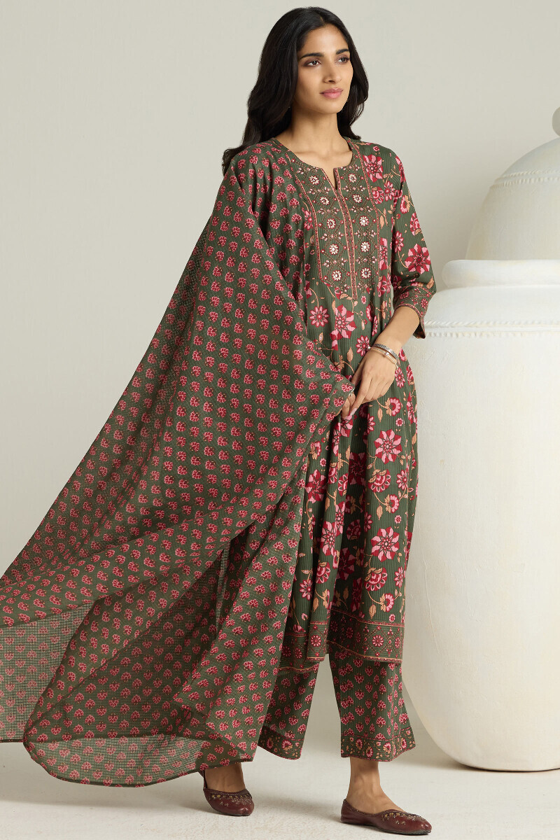 Green Hand Printed Anarkali Cotton Dobby Kurta