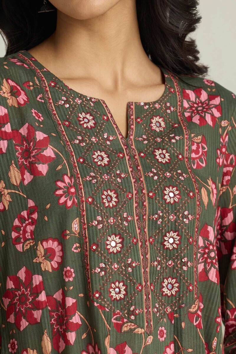 Green Hand Printed Anarkali Cotton Dobby Kurta